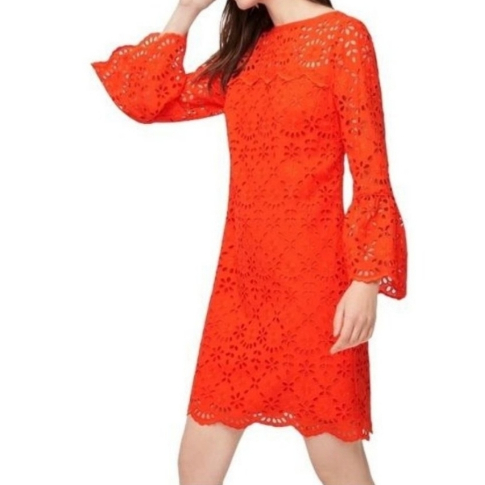 J.CREW Women's Orange Round Neck,Ruffled Sleeve,Embroidered Dress Size 14.